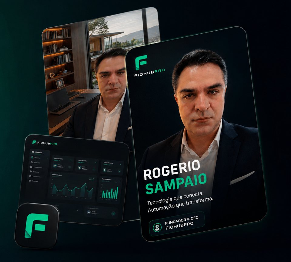 Rogério Sampaio, fundador do FioHub Pro, ao lado do sistema aberto no computador e no tablet.
